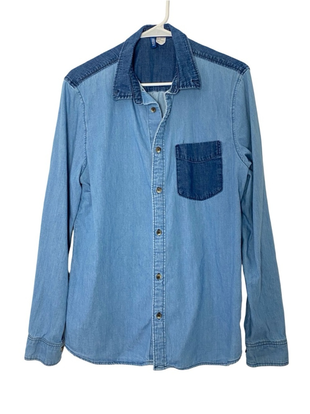 H&M Denim Button Down Shirt Mens Size Medium Unisex Blue Chambray Colorblock